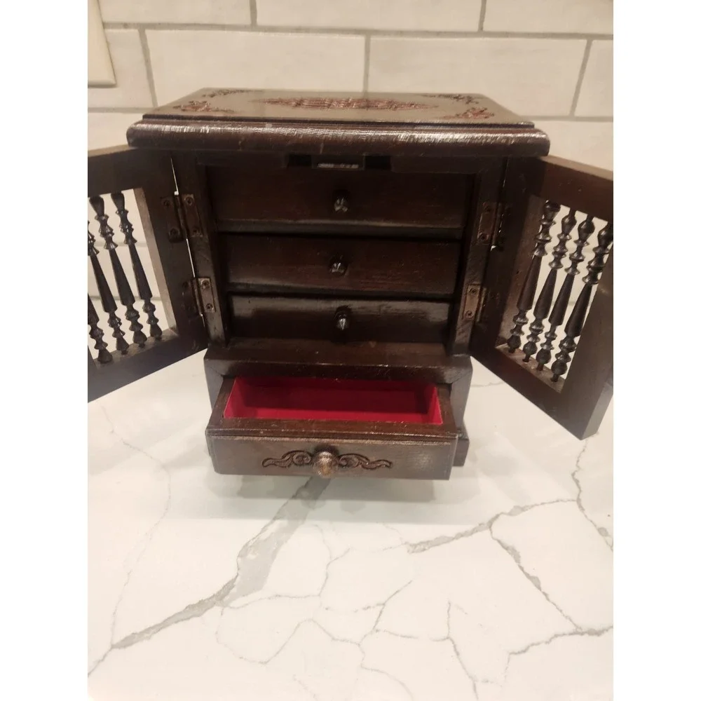 Vintage Wooden Jewelry Cabinet with Magnetic Doors & Multiple Felt Lined Drawers